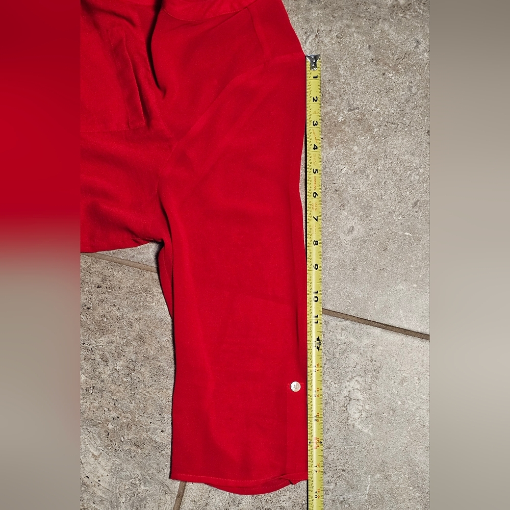 [EXPRESS] Bright Red Partially Sheer & Lined Blouse ○● Half Button-Down V-Neck - Picture 13 of 16